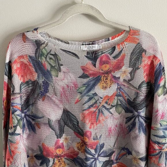 Luisa Ricci Women SZ L Gray Floral Print Dolman Sleeve Lightweight Knit Sweater - Picture 5 of 8